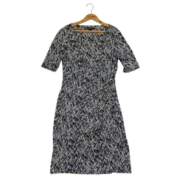 Lauren Ralph Lauren V Neck Sheath Dress Size 14 Blue White Surplice Half Sleeve - Picture 1 of 9